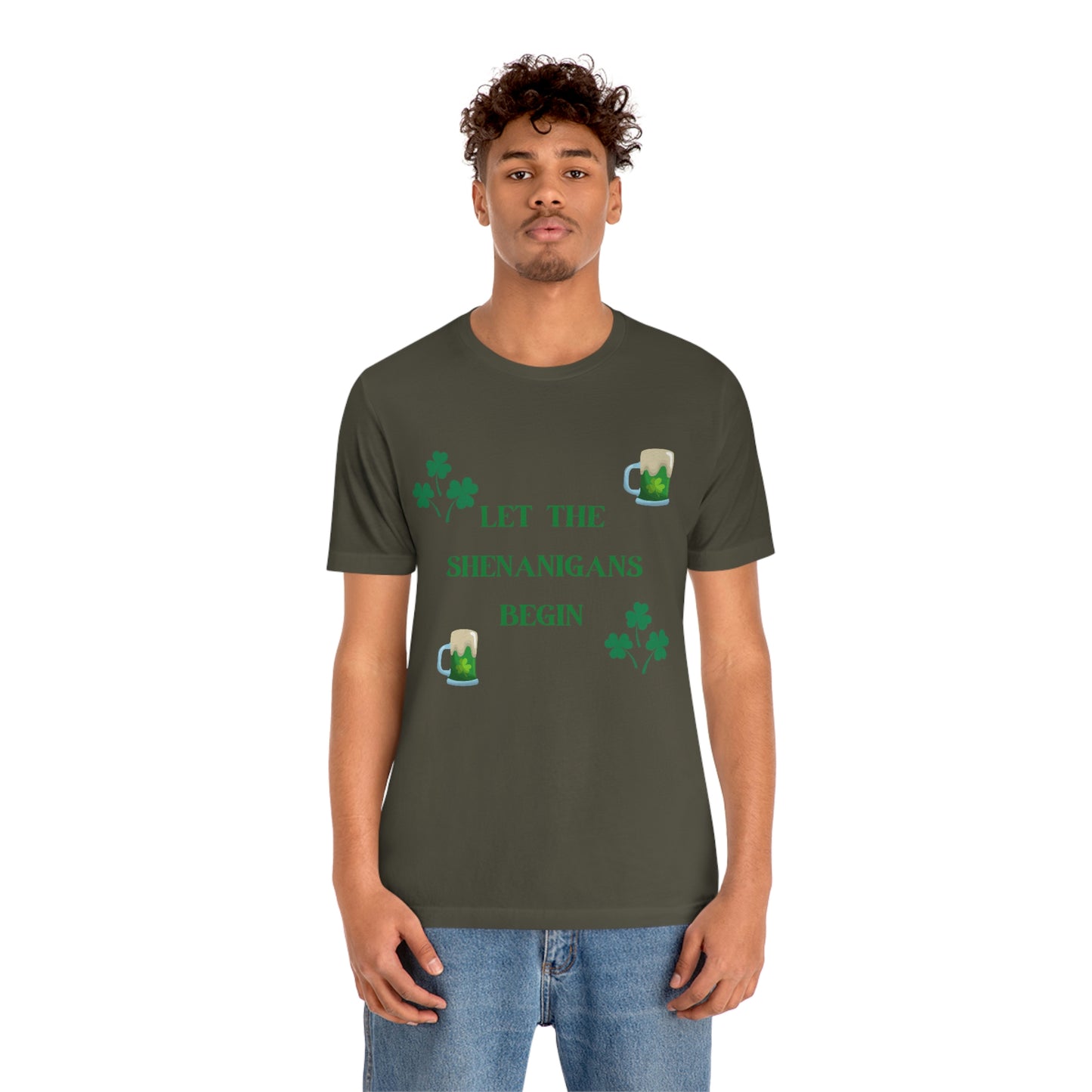 Let the shenanigans begin, St Patty's day, Irish, Clover, Shamrocks, Green Beer, Saint Patricks Day Tee, Beer, Unisex Short Sleeve Tee