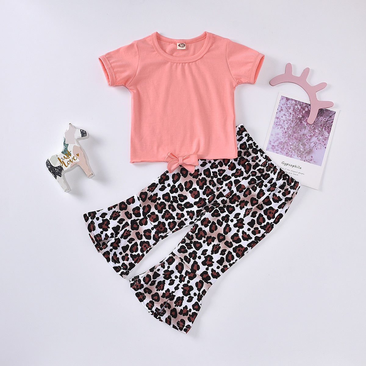 Girls Bow Detail Top and Leopard Flare Pants Set