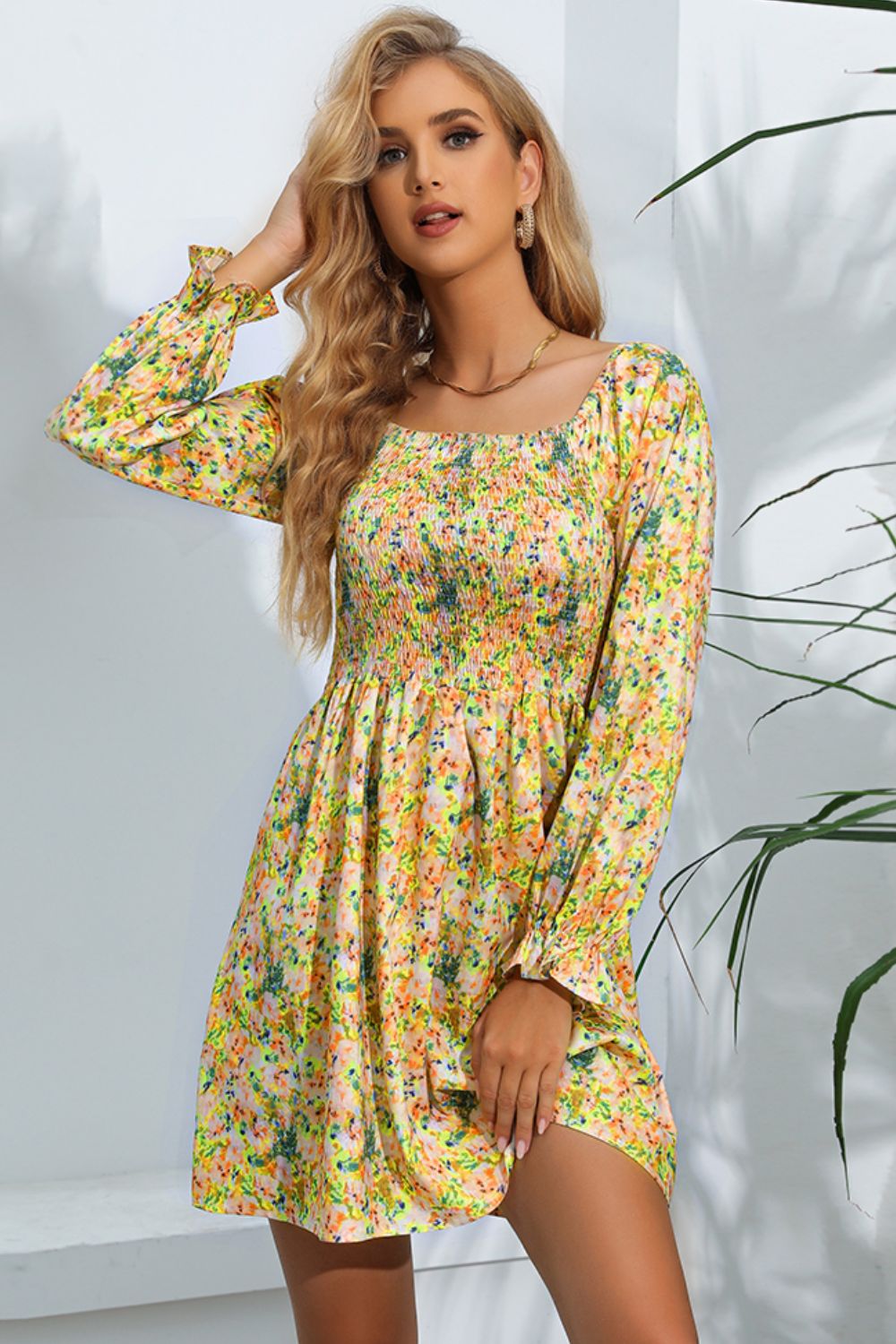 Floral Smocked Square Neck Dress