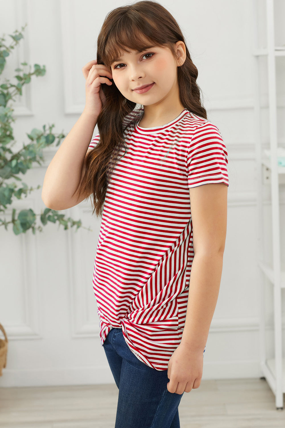 Girls Striped Round Neck Twisted Tee Shirt