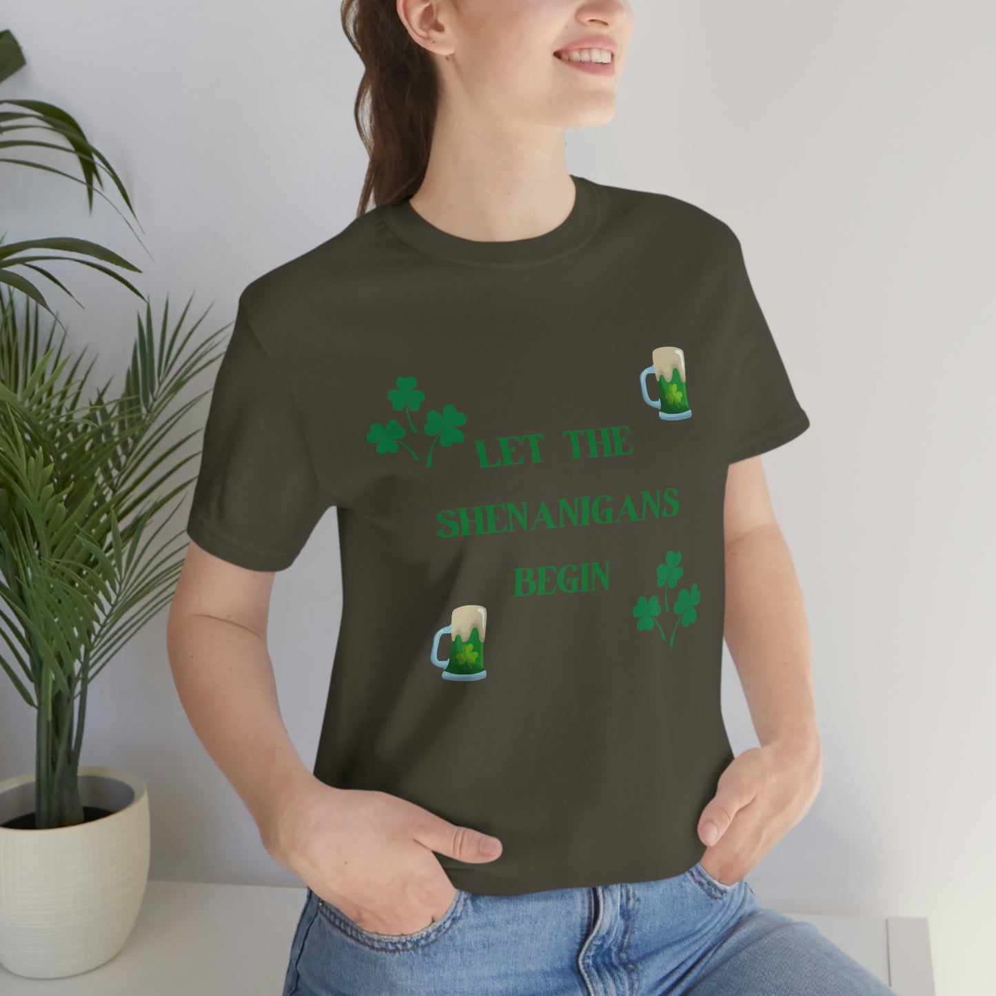 Let the shenanigans begin, St Patty's day, Irish, Clover, Shamrocks, Green Beer, Saint Patricks Day Tee, Beer, Unisex Short Sleeve Tee