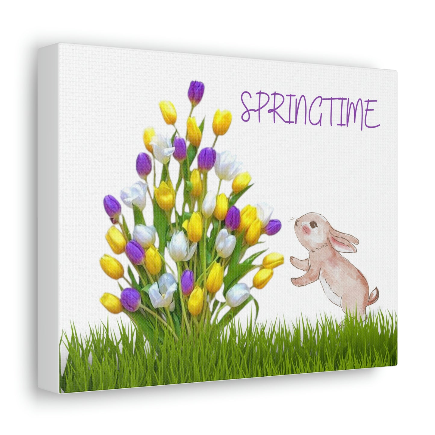 Springtime Bunny: Adorable Canvas Print of a Bunny Sniffing Tulips