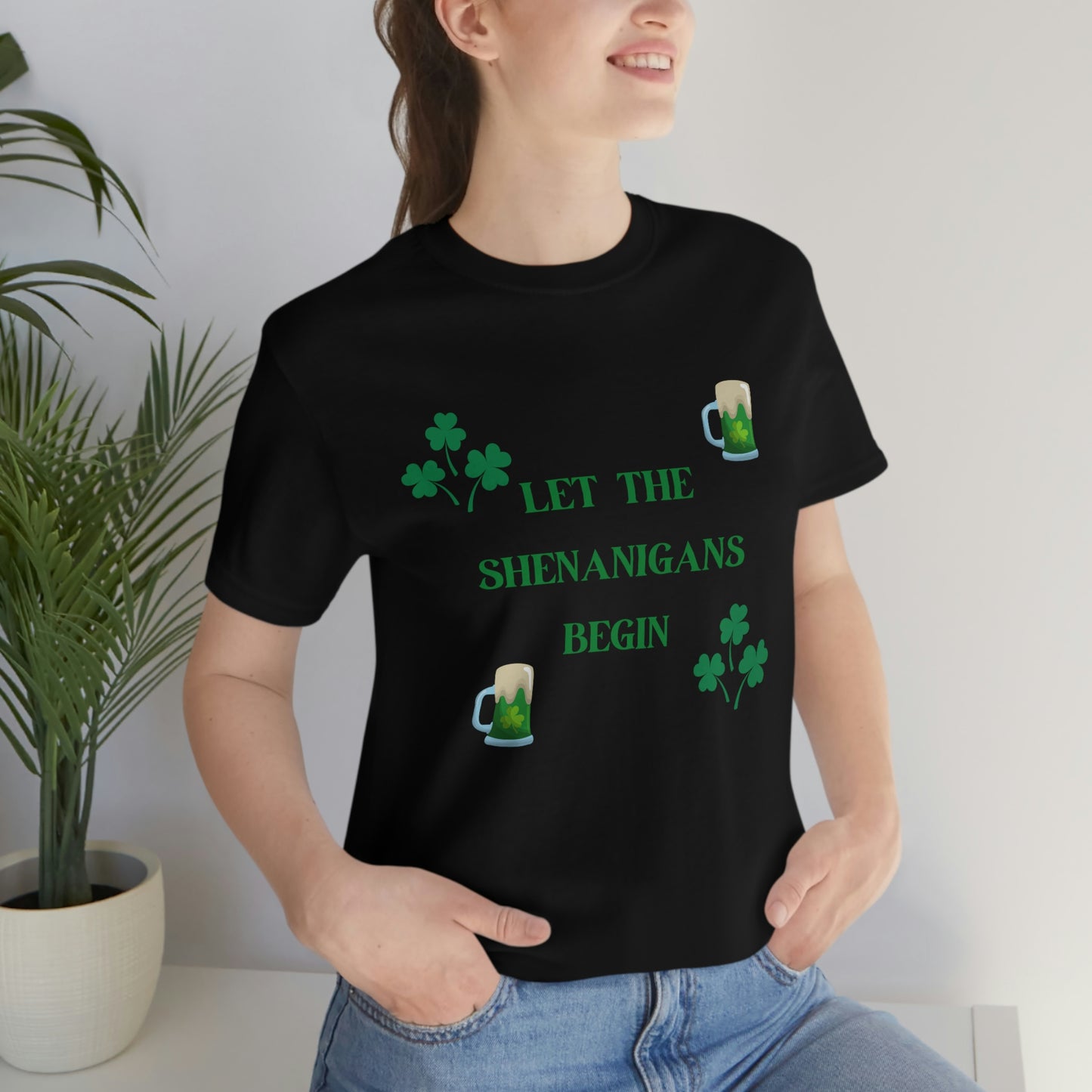 Let the shenanigans begin, St Patty's day, Irish, Clover, Shamrocks, Green Beer, Saint Patricks Day Tee, Beer, Unisex Short Sleeve Tee