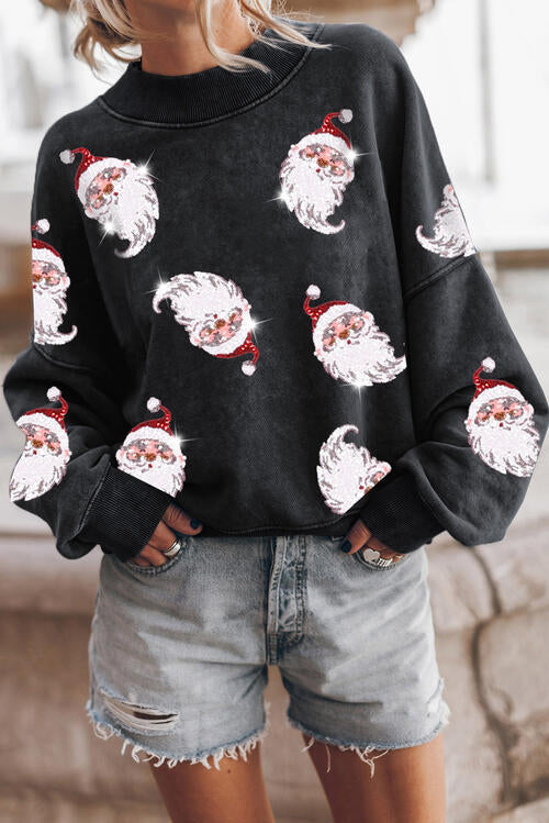 Sequin Santa Round Neck Drop Shoulder Sweatshirt